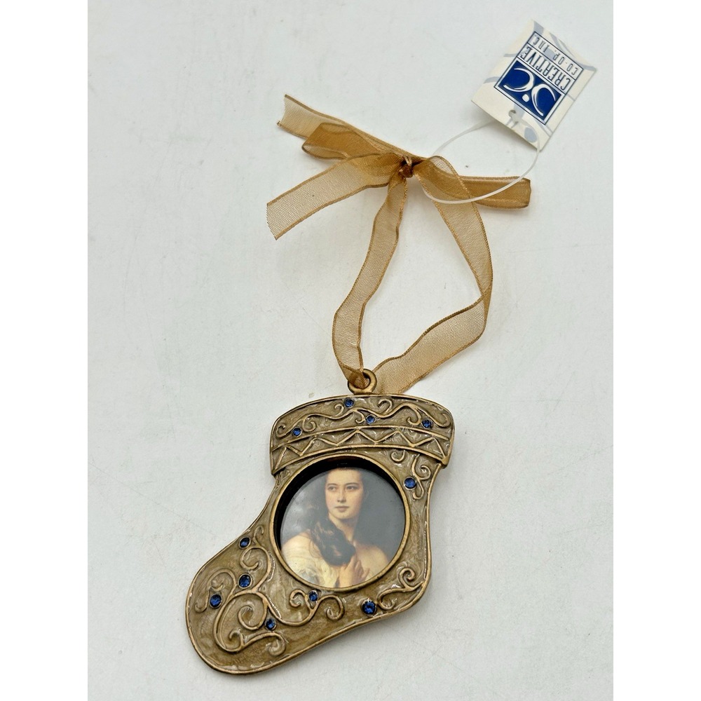 Vtg Christmas Memories Ornament 2.75" Stocking Picture Frame Green Enamel Bling